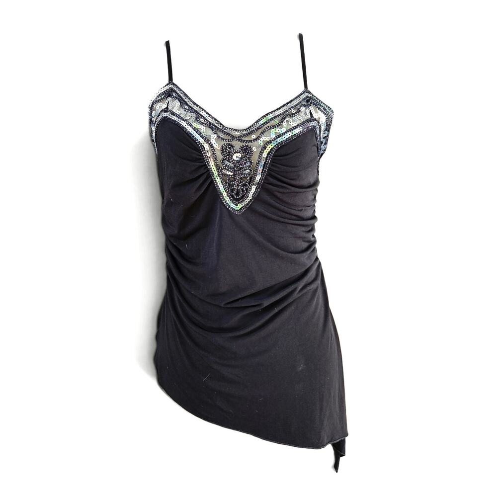 Y2k Fairycore Cami Top Beaded Whimsigoth Black Asymmetrical Hem - Small